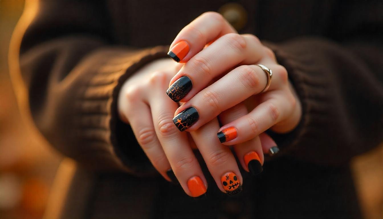 black and orange french tip nails
